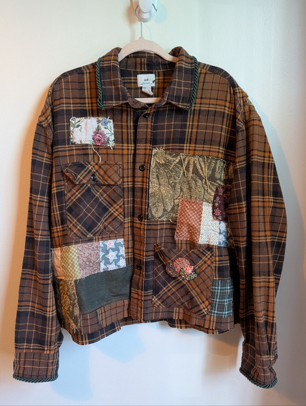HANDMADE Reworked Orange Autumnal Plaid Bohemian Cotton Shirt Jacket Size XXL
